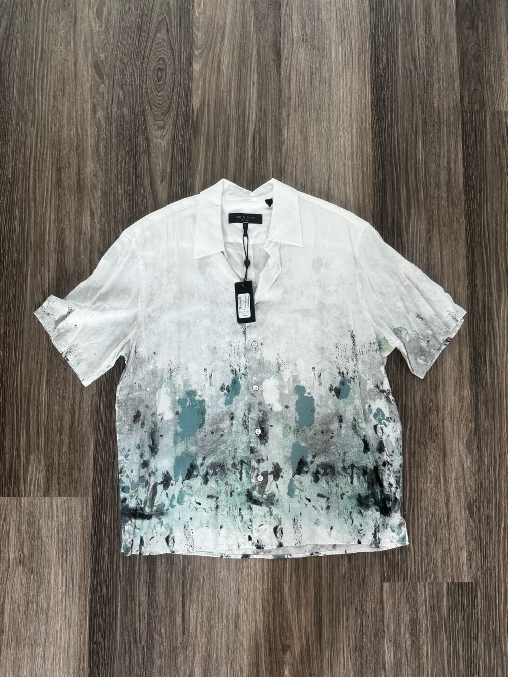 rag & bone White Short-Sleeve Button-Up Shirt with Teal and Gray Abstract Print